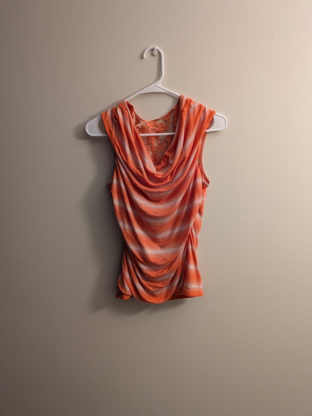 Women’s Sleeveless Draped Cowl Neck Top in Coral Stripe (Small)